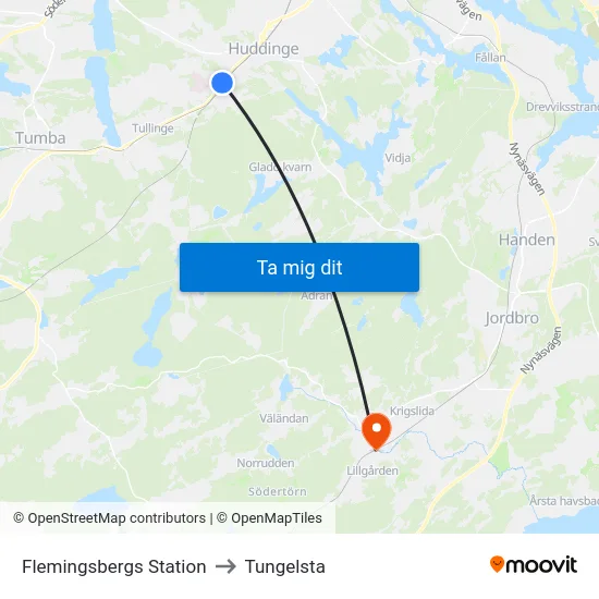 Flemingsbergs Station to Tungelsta map