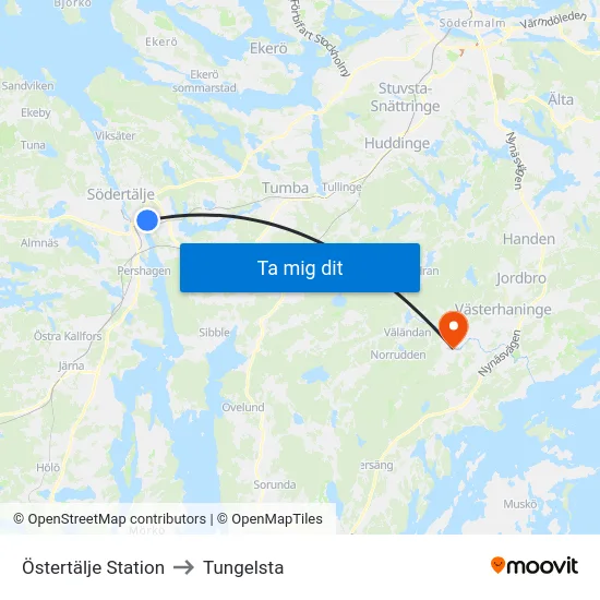 Östertälje Station to Tungelsta map