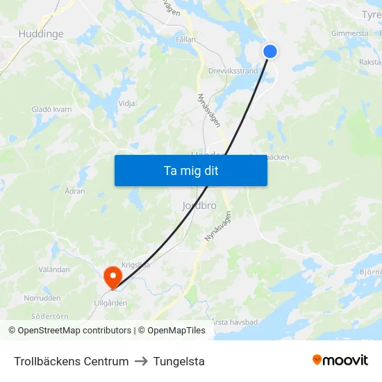 Trollbäckens Centrum to Tungelsta map
