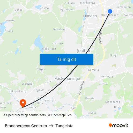 Brandbergens Centrum to Tungelsta map