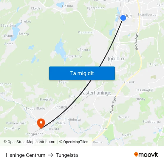Haninge Centrum to Tungelsta map