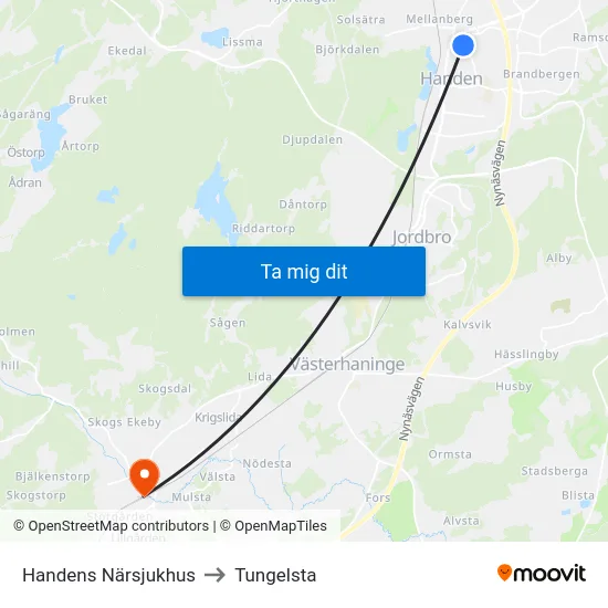 Handens Närsjukhus to Tungelsta map