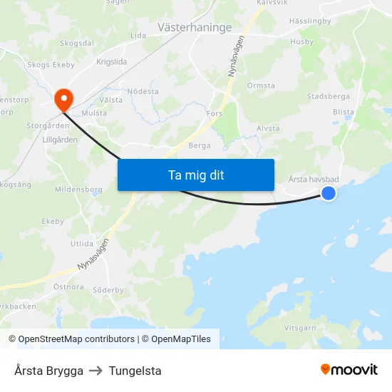 Årsta Brygga to Tungelsta map