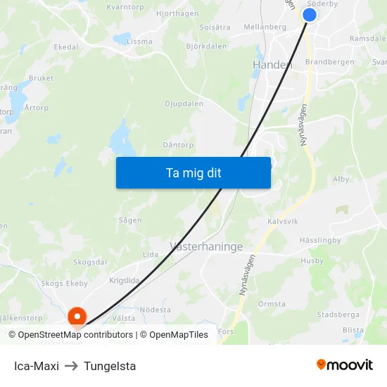 Ica-Maxi to Tungelsta map