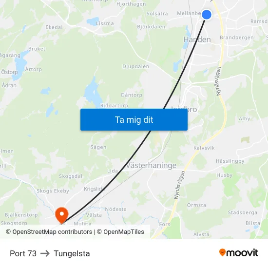 Port 73 to Tungelsta map