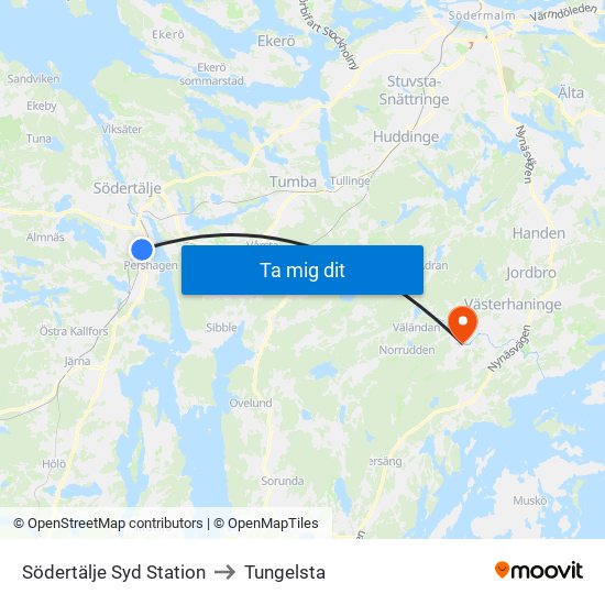 Södertälje Syd Station to Tungelsta map