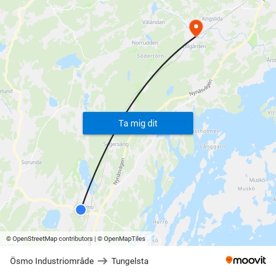 Ösmo Industriområde to Tungelsta map