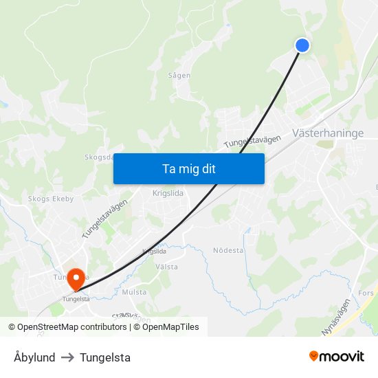 Åbylund to Tungelsta map