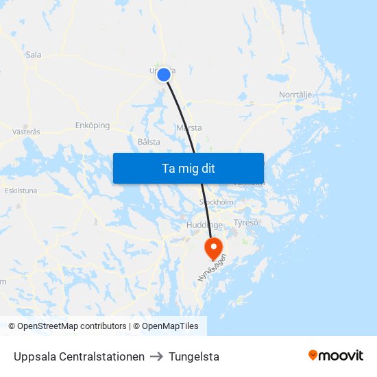 Uppsala Centralstationen to Tungelsta map