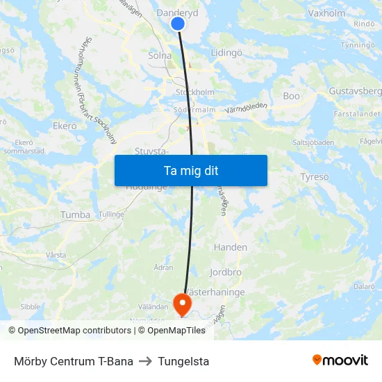 Mörby Centrum T-Bana to Tungelsta map