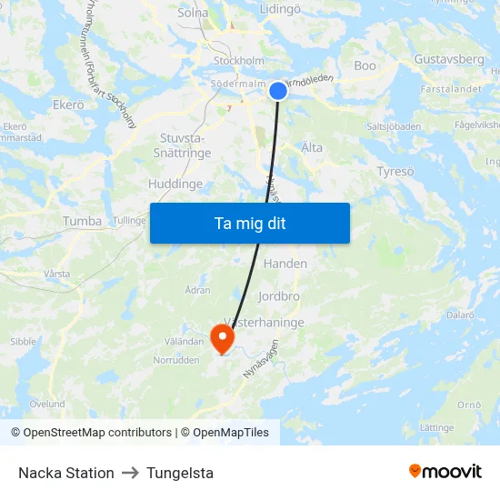 Nacka Station to Tungelsta map