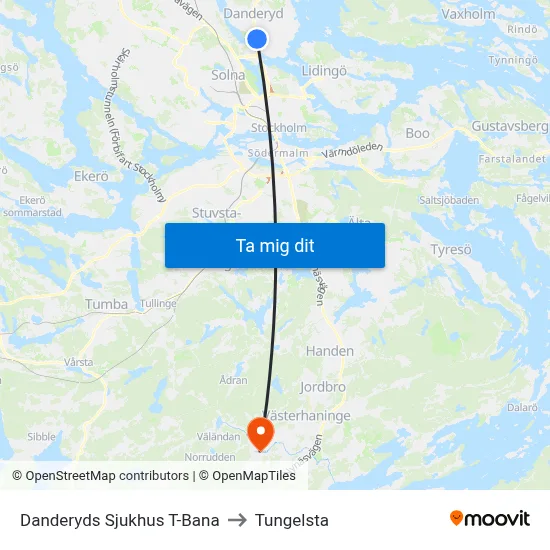 Danderyds Sjukhus T-Bana to Tungelsta map