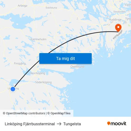 Linköping Fjärrbussterminal to Tungelsta map