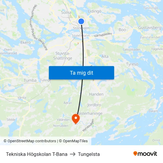 Tekniska Högskolan T-Bana to Tungelsta map