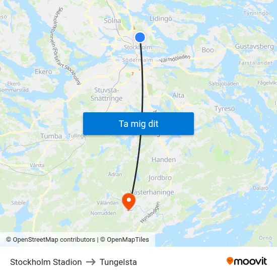Stockholm Stadion to Tungelsta map