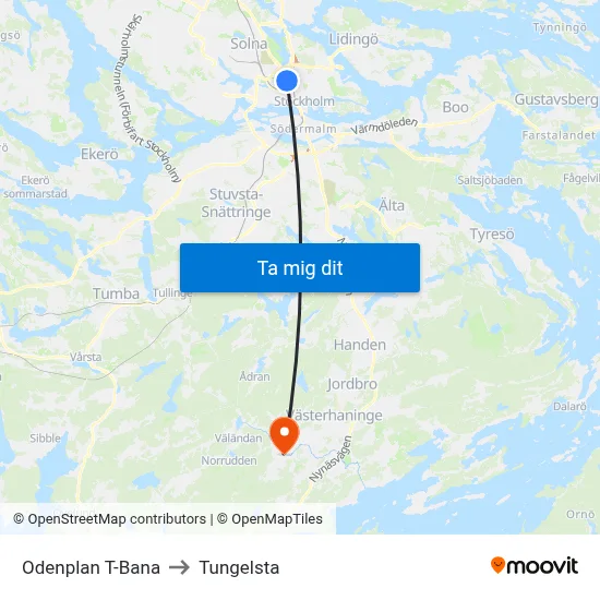 Odenplan T-Bana to Tungelsta map