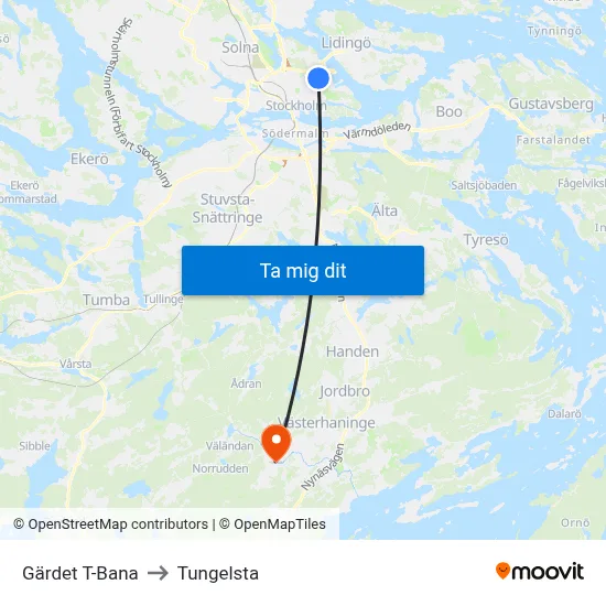 Gärdet T-Bana to Tungelsta map