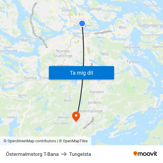 Östermalmstorg T-Bana to Tungelsta map