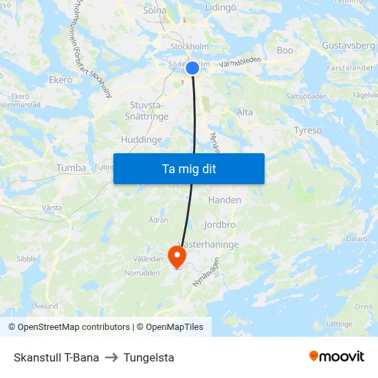 Skanstull T-Bana to Tungelsta map