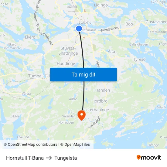 Hornstull T-Bana to Tungelsta map