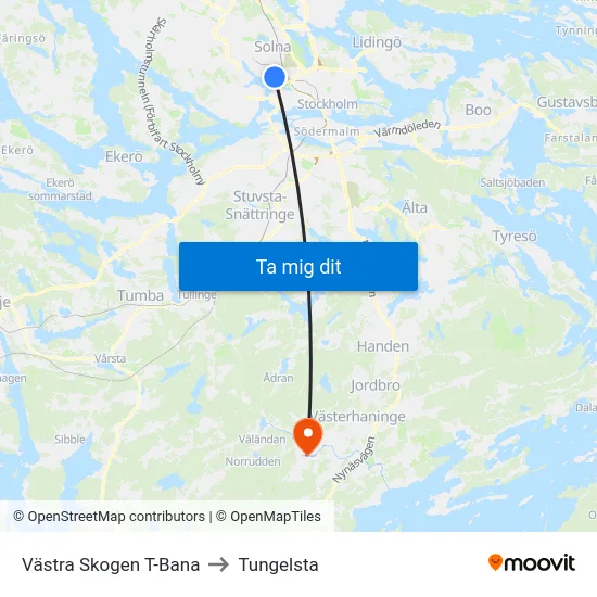 Västra Skogen T-Bana to Tungelsta map