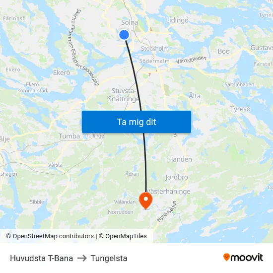 Huvudsta T-Bana to Tungelsta map