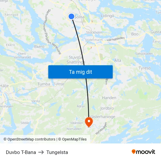 Duvbo T-Bana to Tungelsta map