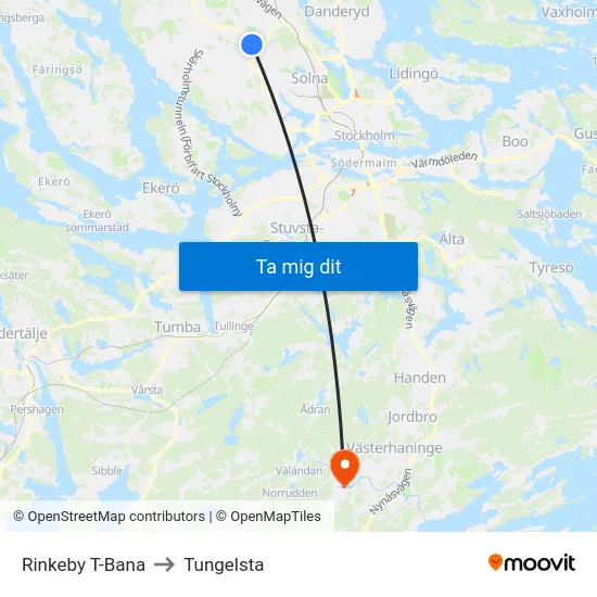 Rinkeby T-Bana to Tungelsta map