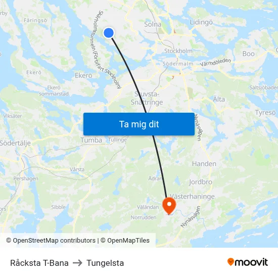 Råcksta T-Bana to Tungelsta map