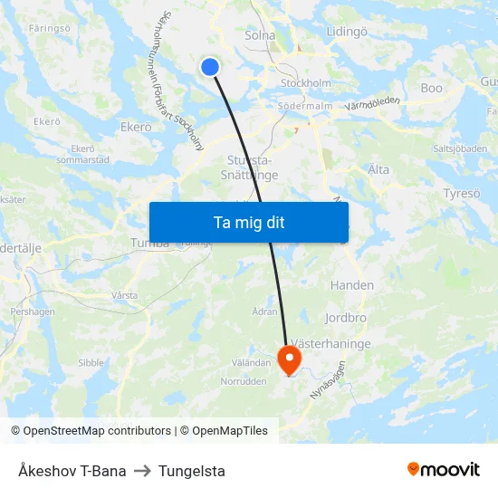 Åkeshov T-Bana to Tungelsta map