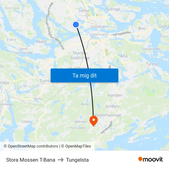 Stora Mossen T-Bana to Tungelsta map