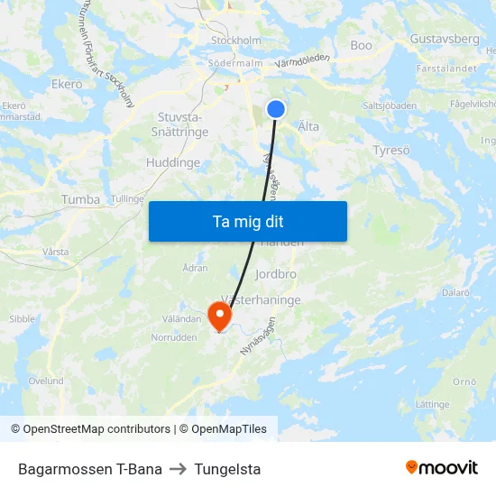 Bagarmossen T-Bana to Tungelsta map