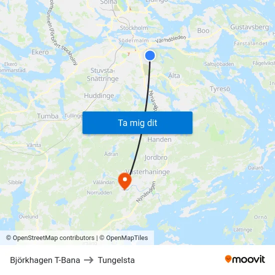 Björkhagen T-Bana to Tungelsta map