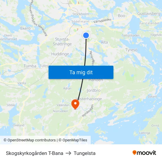 Skogskyrkogården T-Bana to Tungelsta map