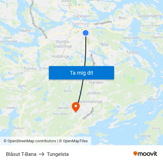 Blåsut T-Bana to Tungelsta map