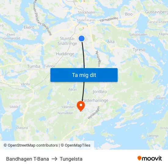 Bandhagen T-Bana to Tungelsta map