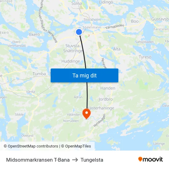 Midsommarkransen T-Bana to Tungelsta map