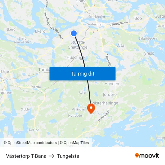 Västertorp T-Bana to Tungelsta map