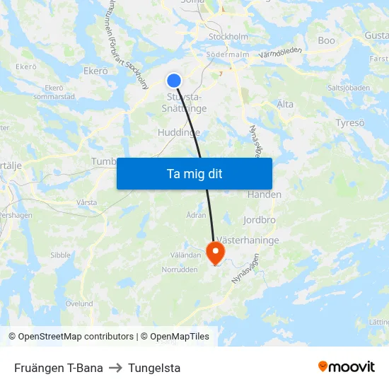 Fruängen T-Bana to Tungelsta map