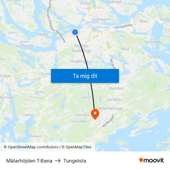 Mälarhöjden T-Bana to Tungelsta map
