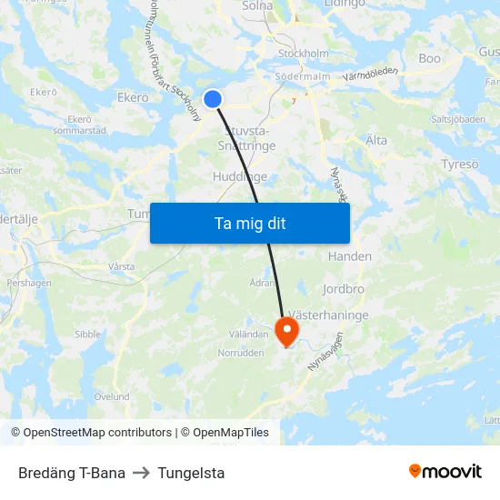 Bredäng T-Bana to Tungelsta map