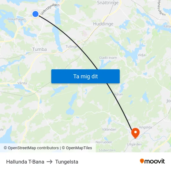 Hallunda T-Bana to Tungelsta map
