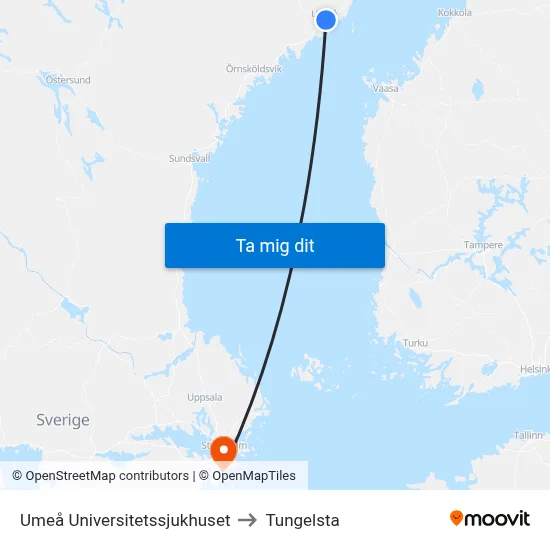 Umeå Universitetssjukhuset to Tungelsta map