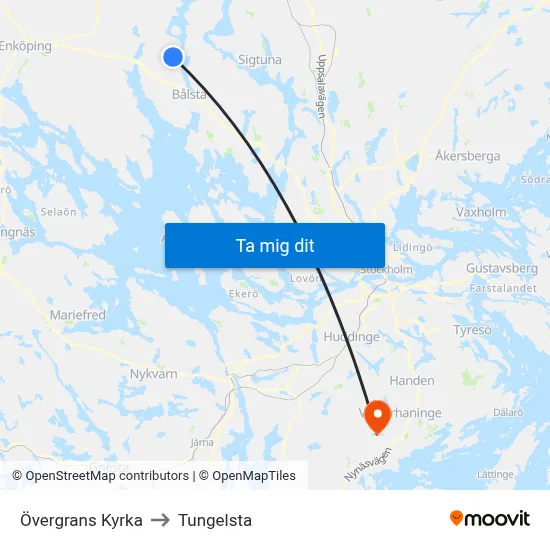 Övergrans Kyrka to Tungelsta map