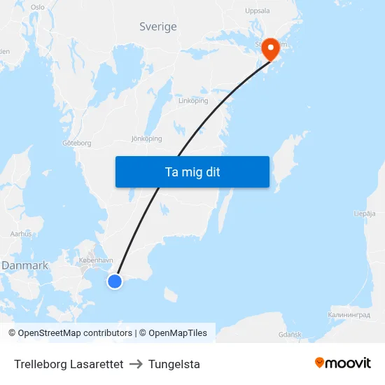 Trelleborg Lasarettet to Tungelsta map