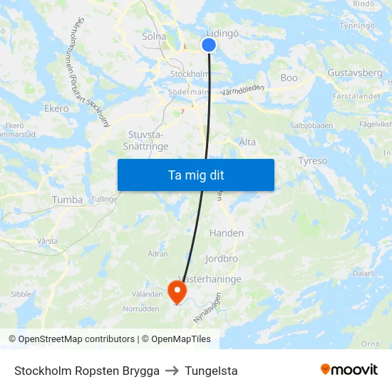 Stockholm Ropsten Brygga to Tungelsta map