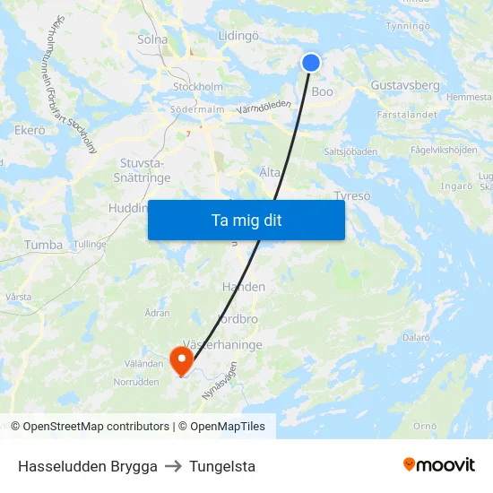 Hasseludden Brygga to Tungelsta map