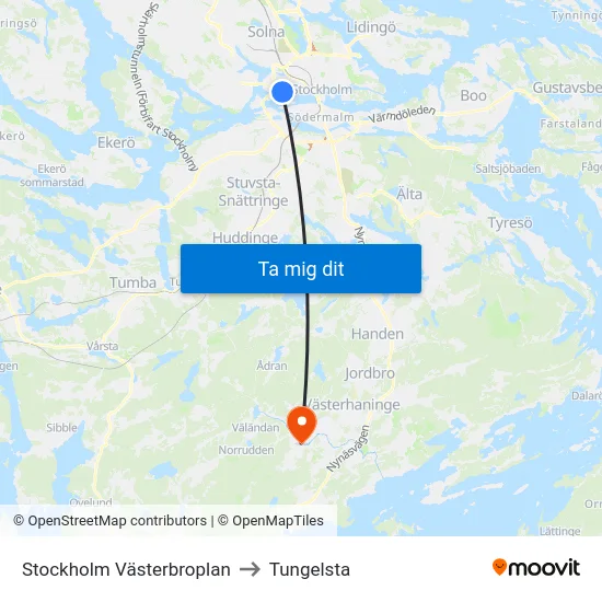 Stockholm Västerbroplan to Tungelsta map