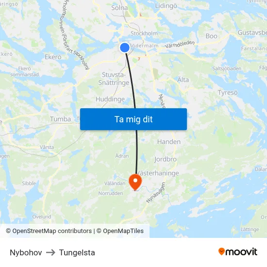 Nybohov to Tungelsta map