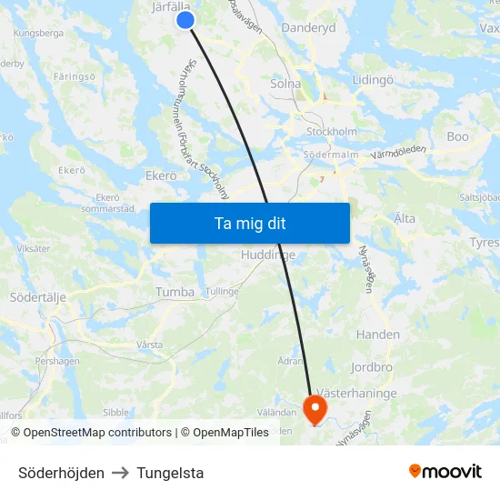 Söderhöjden to Tungelsta map